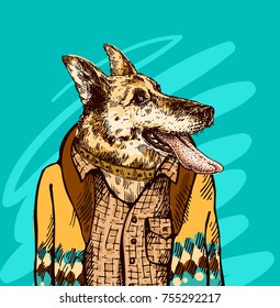 Hand drawn vector illustration dog with tongue. Sketch style drawing. Symbol of 2018 new year. Us for Invitations, flyers, postcards, smartphone covers etc