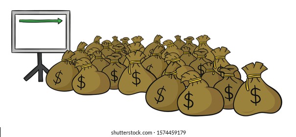 Hand drawn vector illustration of a lot of dollar money sacks and sales chart arrow moving up.