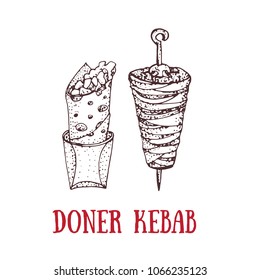  Hand drawn vector illustration of doner kebab. Roll, chicken roll, fast food, kebab, shawarma. Cartoon style.