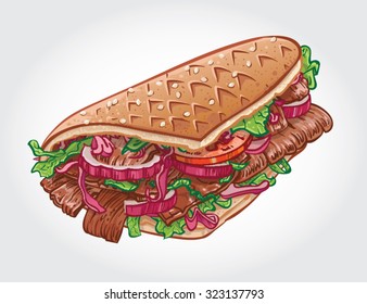 Hand drawn vector illustration of Doner Kebab in Flatbread with tomato, red onions, red cabbage and lettuce.
