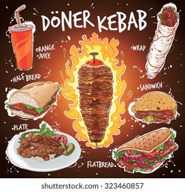 Hand drawn vector illustration of Doner Kebab in most popular variations; on pole, wrap, flat bread, sandwich, plate with orange juice and flames.