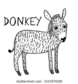 Hand drawn vector illustration with a donkey. Black and white illustration of animal.