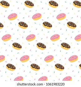Hand drawn vector illustration of donut chocolate frosting and pink icing with colorful  sweaty sprinkles pattern.