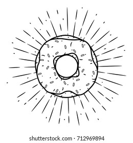 Hand drawn vector illustration with Donut and divergent rays. Used for poster, banner, web, t-shirt print, bag print, badges, flyer, logo design and more. 