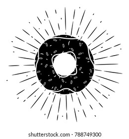Hand drawn vector illustration with Donut and divergent rays. Used for poster, banner, web, t-shirt print, bag print, badges, flyer, logo design and more. 