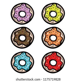 Hand drawn vector illustration of donuts in top view with toppings icing sugar in colors and raisin