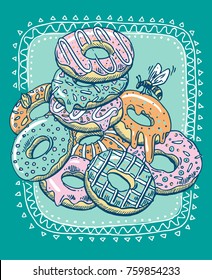 Hand drawn vector illustration donuts. Sketch style drawing.