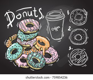 Hand drawn vector illustration donuts. Sketch style drawing.