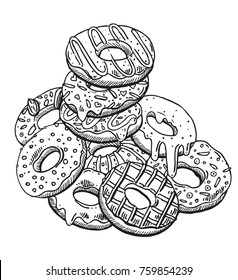 Hand drawn vector illustration donuts. Sketch style drawing.