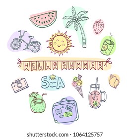 Hand drawn vector illustration with doodle objects on the theme of summer.