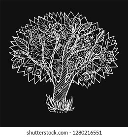 Hand drawn vector illustration. Doodle Tree on a black background. Nature element. Can be used as a coloring page, print or poster to "Day planting trees"