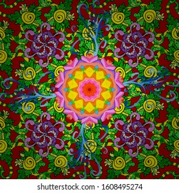Hand drawn. Vector illustration. Doodle flowers and branches, herbs and flowers. Beautiful fabric pattern.