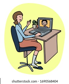 Ilustración vectorial dibujada a mano en estilo simple doodle plano. Niña sentada con una laptop y hablando a través de videollamadas. Estudio o trabajo a distancia, concepto independiente. Fotografía de caricatura de color aislada en un fono blanco