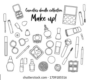 Handgezeichnete Vektorillustration im Doodle-Stil, Sammlung verschiedener Kosmetikprodukte. Make-up Set. Isolierte Clipart-Kunstelemente für Design über Schönheit und Mode. 