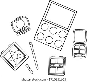 Ilustración vectorial dibujada a mano en estilo doodle, colección de productos cosméticos. Confección de un conjunto de manos oculares. Elementos clipart aislados para el diseño sobre belleza y moda. 