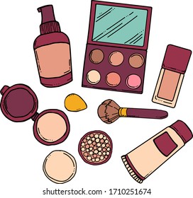 Hand drawn vector illustration in doodle style, collection of skin care cosmetic products. Make up set of 
concealer, powder, cream. Isolated clipart elements for design about beauty and fashion. 