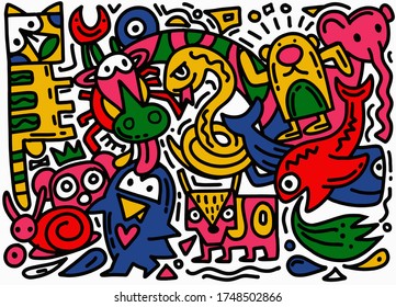 Hand Drawn Vector Illustration of Doodle, cartoon sketch animals illustration