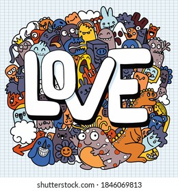 Hand Drawn Vector Illustration of Doodle Kawaii,doodle monsters ,love concept , illustration for coloring book ,Each on a separate layer.