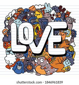 Hand Drawn Vector Illustration of Doodle Kawaii,doodle monsters ,love concept , illustration for coloring book ,Each on a separate layer.