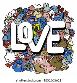 Hand Drawn Vector Illustration of Doodle Kawaii,doodle monsters ,love concept , illustration for coloring book ,Each on a separate layer.