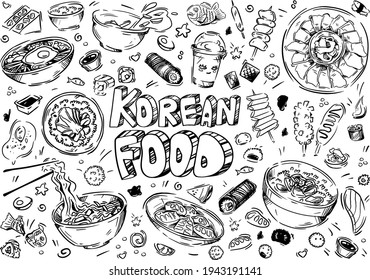 Hand drawn vector illustration. Doodle Korean food: rolls, soups, fish, kimchi, noodles, rice, sashimi, meat, eggs, salad, desserts.