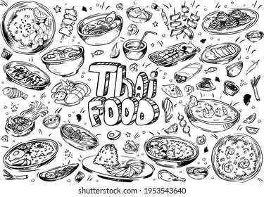 Hand drawn vector illustration. Doodle Thai food: shrimp, tofu, seaweed, rice, Tom Yam Kung, seafood, sauces, exotic fruits, pancakes, spring rolls