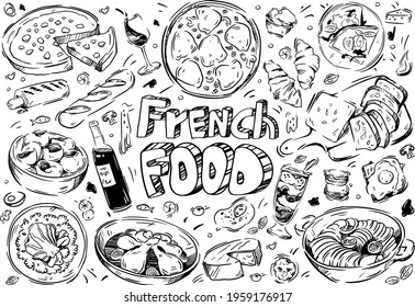 Hand drawn vector illustration. Doodle French food: ratatouille, soufflé, wine, cheese, boeuf, bourguignon, bread, snails, macaroon, souffle