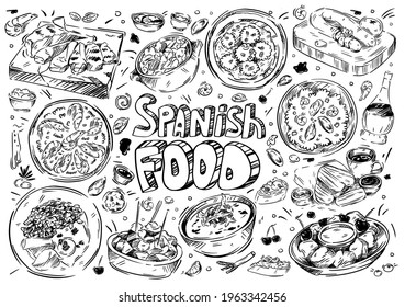 Hand drawn vector illustration. Doodle Spanish food: gazpacho, fabada, paella, patatas bravas, chorizo, leche frita, churros, wine, tapas, garlic prawns, allioli, albondigas