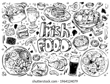 Hand drawn vector illustration. Doodle Irish food: colcannon, potatoes, boxty, dexter beef, grill meat, wurst, beer, coffee, bacon, bread svg