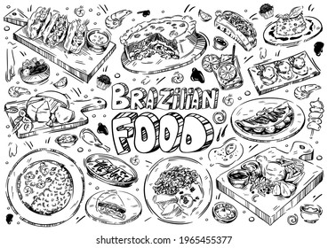 Hand drawn vector illustration. Doodle Brazilian food: barbecued meat, chocolate truffle, snacks, vinagrette salsa, rise, fish stew, black-eyed peas fritters, chicken pie, caipirinha