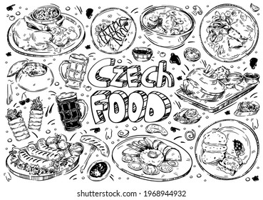 Hand drawn vector illustration. Doodle Czech food: pečená kachna, beer, trdelnik, svíčková na smetaně, goulash, kulajda, cream soup, tatarák, rajská omáčka, koláče, deserts