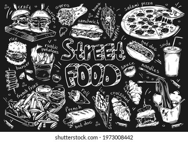 Hand drawn vector illustration. Doodle street fast food: burger, sandwich, french fries, french hot dog, roll, ice scream, croissant, noodles, sauce, soda, pizza, hong kong waffles, potatoes