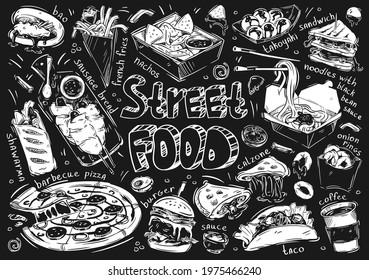 Hand drawn vector illustration. Doodle Street fast food: bao, french fries, sausage bread, barbecue pizza, shawarma, nachos, takoyaki, sandwich, noodles, calzone, burger, taco, sauce, coffee