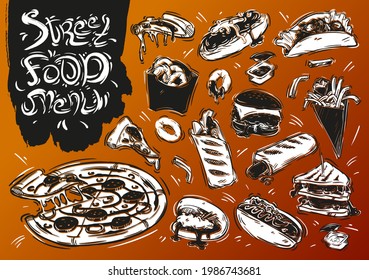 Hand drawn vector illustration. Doodle street food menu: burger, sandwich, french fries, french hot dog, sauce, pizza, potatoes, bao, onion rings, shawarma