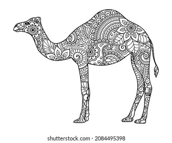 Hand Drawn vector illustration doodle stylized animal - camel. Sketch for book, poster, print, or tattoo. Adult antistress coloring page.