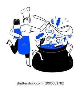 Hand drawn vector illustration doodle style. The woman in an apron is cooking. Casserole on the stove with soup. Kitchen utensils, spices and sauces, ingredients. Homemade food, dinner.