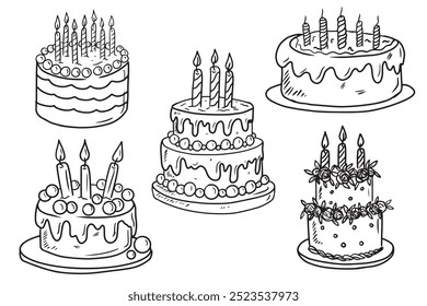 Ilustración vectorial dibujada a mano en estilo vintage de arte de línea grabado doodle. Conjunto de hermosos pasteles de cumpleaños de vacaciones con velas, decorado con esmalte, burbujas, flores de rosa. Menú para panadería