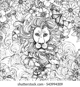 Hand drawn vector illustration of doodle lion and flowers, butterfly. design for adults, poster, print, t-shirt, flyers. sketch. Vector eps 8