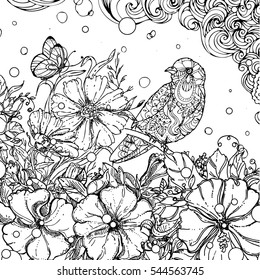 hand drawn vector illustration of doodle bird sitting on branch in leaves isolated on white background. design for adults, poster, print, t-shirt, invitation, banners, flyers. sketch.