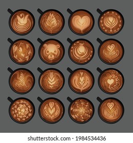 Hand drawn vector illustration doodles of cups of coffee with latte foam art, top view isolated on a grey background. 