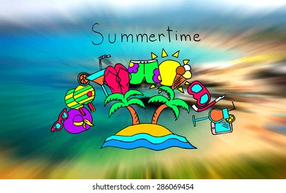 Hand drawn vector illustration. Doodles beach elements. Freehand.Blurred background beach site, zoom blur, summertime.