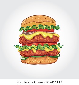 Hand drawn vector illustration of a Double Decker Burger on white background.
