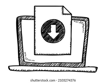 Hand drawn vector illustration of downloading doc file, on laptop screen. Black and white doodle with download file button.