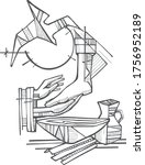 Hand drawn vector illustration or drawing of the biblical scene of Jesus washing the feet of his disciples