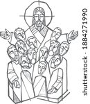 Hand drawn vector illustration or drawing of Jesus Christ with disciples