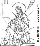 Hand drawn vector illustration or drawing of Jesus Christ hugging a young man