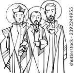 Hand drawn vector illustration or drawing of Jesuit founders Saint Ignatius of Loyola, Saint Francis Xavier and  Saint Peter Fabro