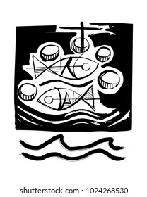Hand drawn vector illustration or drawing of five bread and two fish
