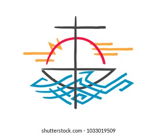 Hand drawn vector illustration or drawing of a religious cross, boat and sea symbol