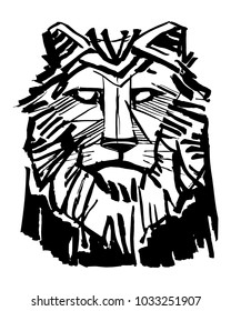 Hand drawn vector illustration or drawing of a lion head